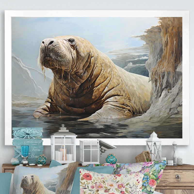 Lazy Walrus Habitat I - Morse, reproduction d'art mural, Cadre simple blanc, H 12 po x l 20 po x P 1 po