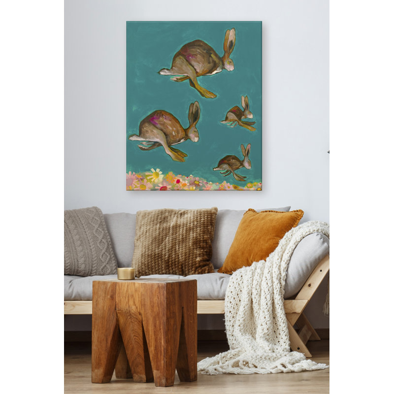 «Happy Hopp» par Eli Halpin, reproduction d'art sur toile en bleu sarcelle, H 32 po x l 24 po