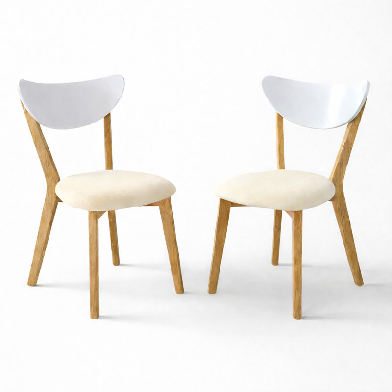 Ensemble de 2 chaises de salle à manger modernes Houtz, finition blanche / naturelle avec sièges rembourrés en polyester beige