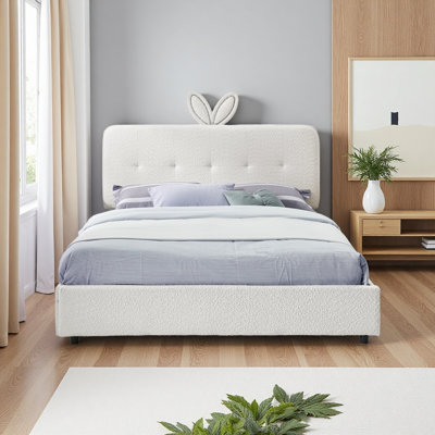 Kids Upholstered Bed With Oversized Rabbit Ear Headboard, LED Light & 4 Storage Drawers, Boucle Fabric