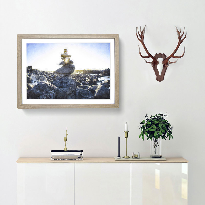 Rock Cairns with Sunlight - Framed Print, Oak Framed, 45cm H x 63cm W x 2cm D