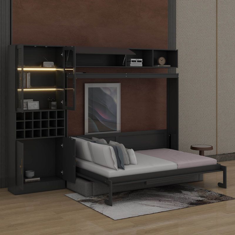 Lit escamotable double avec canapé, port USB, tablettes et lumière, Double, gris