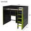 Lit mezzanine double en bois avec bureau, garde-robe ouverte, compartiments de rangement et lumières RVB, vert