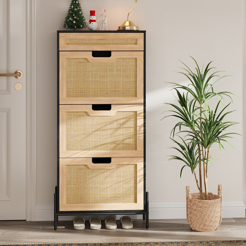 Shoe Cabinet, Shoe Storage with 3 Flip Doors, Natural Rattan Shoe Rack with Adjustable Shelf, 1 Drawer, Shoe Organizer Cabinet for Entryway