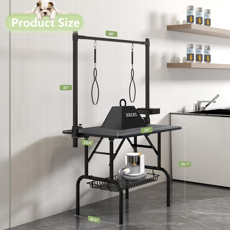 Grande table de toilettage pour chien de 36 po, station pour animal pliable à la maison, table de toilettage pour chien, bureau de séchage pour chat réglable avec accoudoirs, support à outils, porte-jet, plateau à mailles, noir