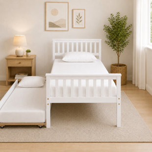 Twin Platform Bed with Trundle, Slatted Headboard and Footboard, No Box Spring Needed