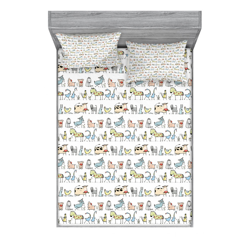 Ambesonne Fitted Sheet & Sham Set, Full Sheet Set with 2 Pillowcases, White/Blue/Green Animals 1