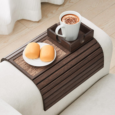 Sofa Arm Tray Table, Foldable Couch Cup Holder, Anti-Slip Wide Couch Arm Tray Aremrest Table,(Brown)