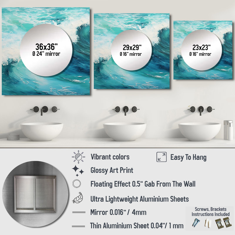 Grand miroir carré Ciya - Ocean Teal Wave Expression I Coastal Waves, 23 po x 23 po