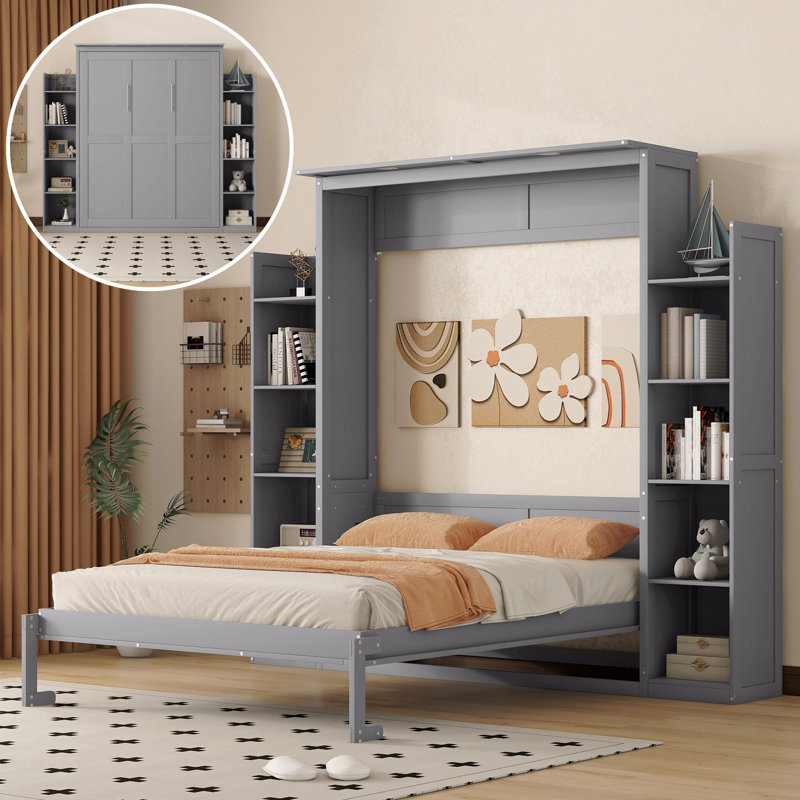 Grand lit escamotable pliant grand format, lit escamotable avec tablettes et lumières DEL, Gris