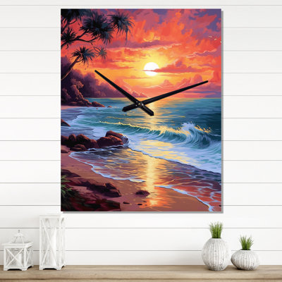 Bright Sunset Of Waves Breaking At The Shore IV - Beach & Ocean Wall Clock Oversized