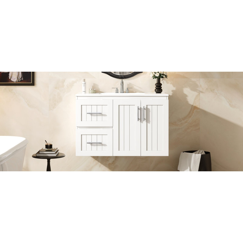 Meuble-lavabo mural 36 po, 2 tiroirs, lavabo simple en céramique 3 trous, Blanc