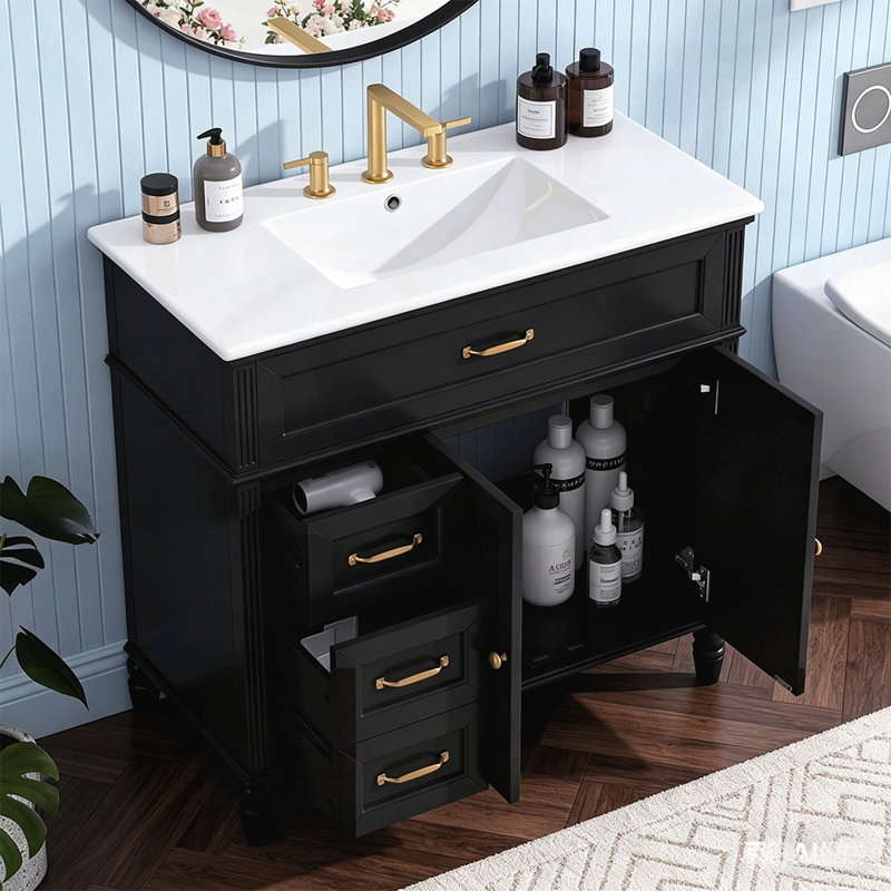 Meuble-lavabo de 36 po avec lavabo, conception rétro, structure en bois massif, panneau de fibres à densité moyenne, grands tiroirs de rangement et armoire