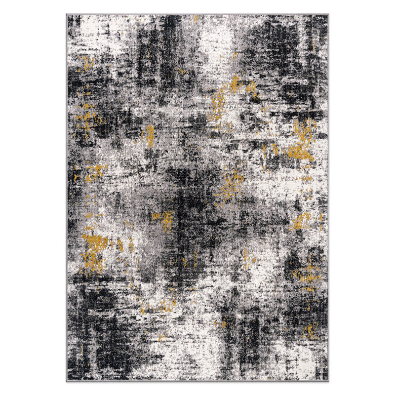 Abstract Yellow/Black/Gray Area Rug, Rectangle 6'7" x 9'