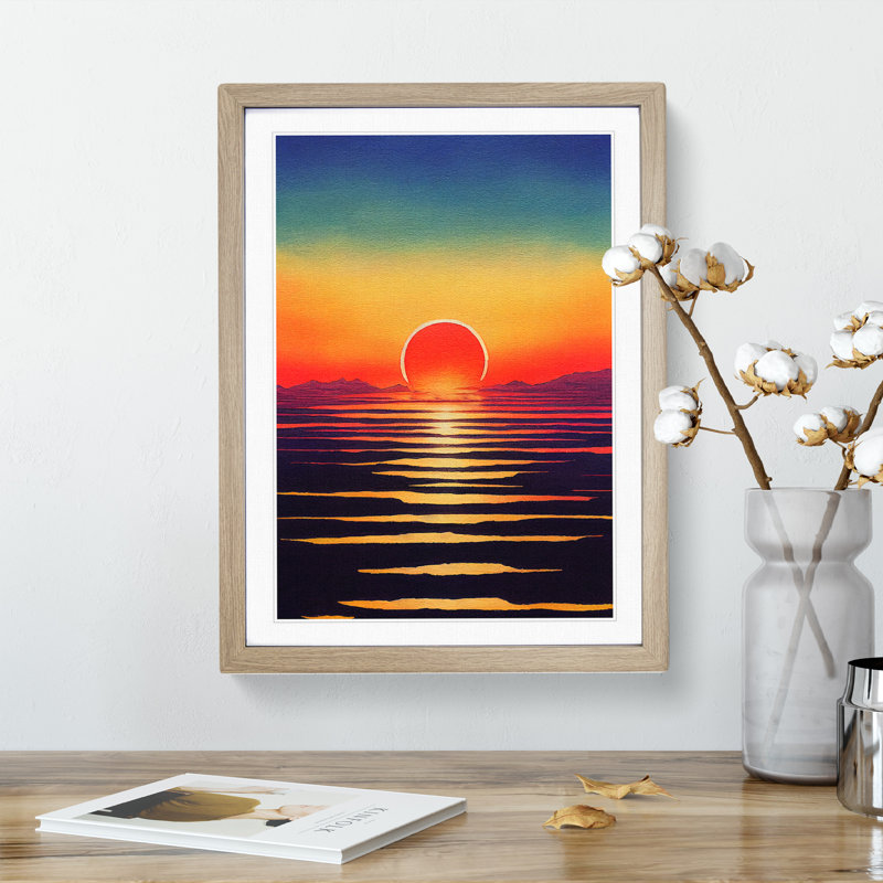 Serene Ocean Sunset - Single Picture Frame Print, 34cm H x 25cm W x 2cm D, Oak