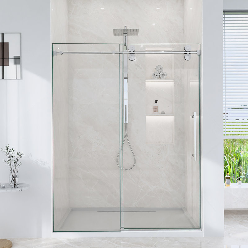 Porte de douche coulissante simple sans cadre de 44 à 48 po x H 76 po - Verre trempé transparent de 5/16 po (8 mm), conception de dérivation avec finition chromée