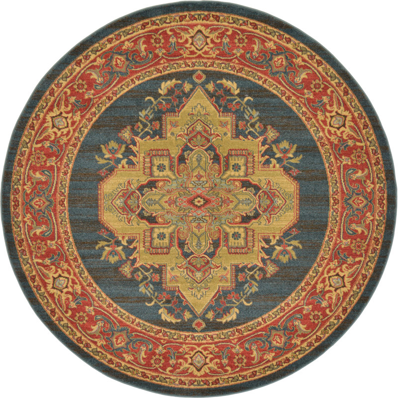 Tapis rouge / brun clair / bleu marine tissé à la machine Eesi, Rond 6 pi 1 po