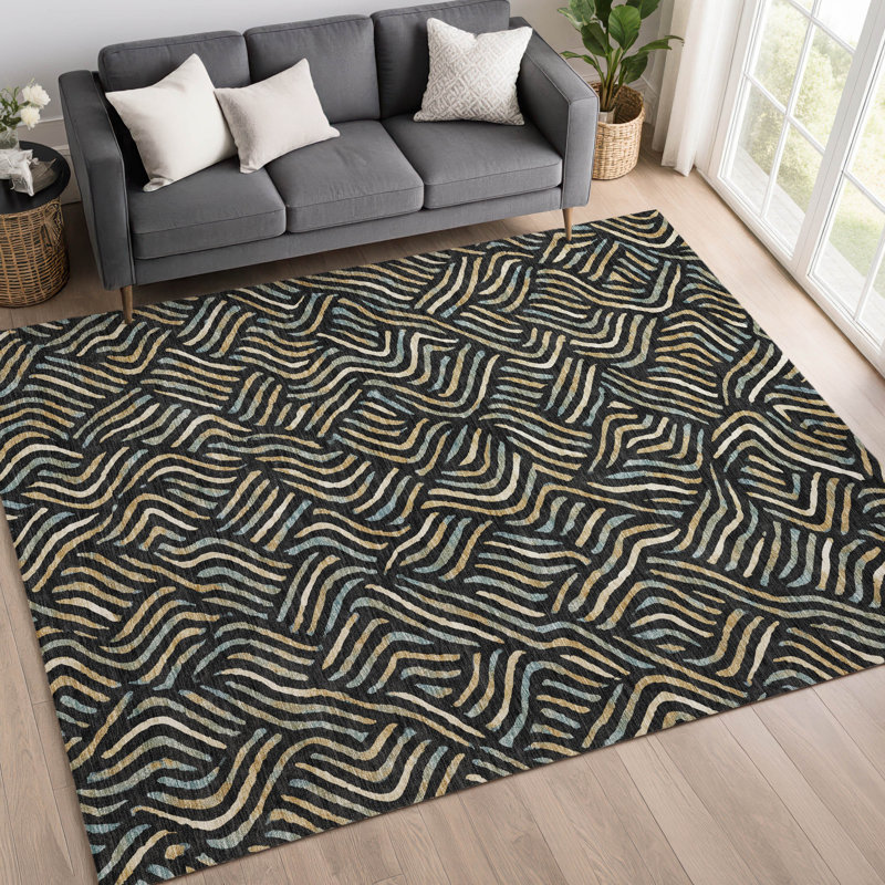 Machine Washable Indoor/Outdoor Chantille ACN2474 Abstract Rug, 5' x 7'6", Black