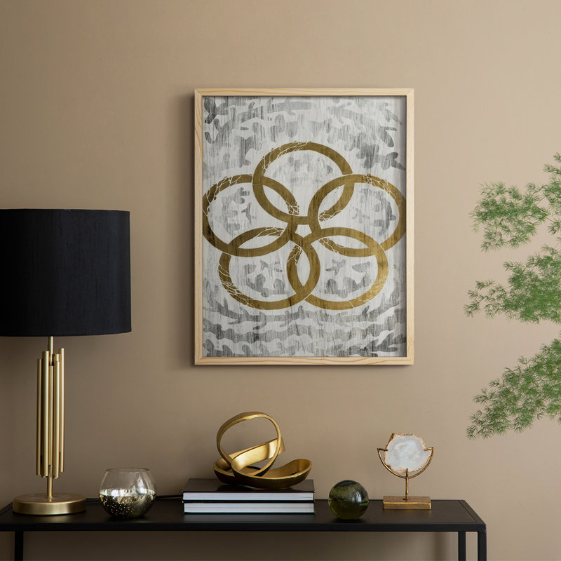 Cinq anneaux dorés - feuille d'or, reproduction encadrée des Fêtes - bois massif, Natural, H 11 po x l 9 po