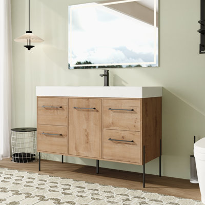 Meuble-lavabo simple autoportant 48 po avec plateau en résine et portes et tiroirs à fermeture en douceur Nyrith