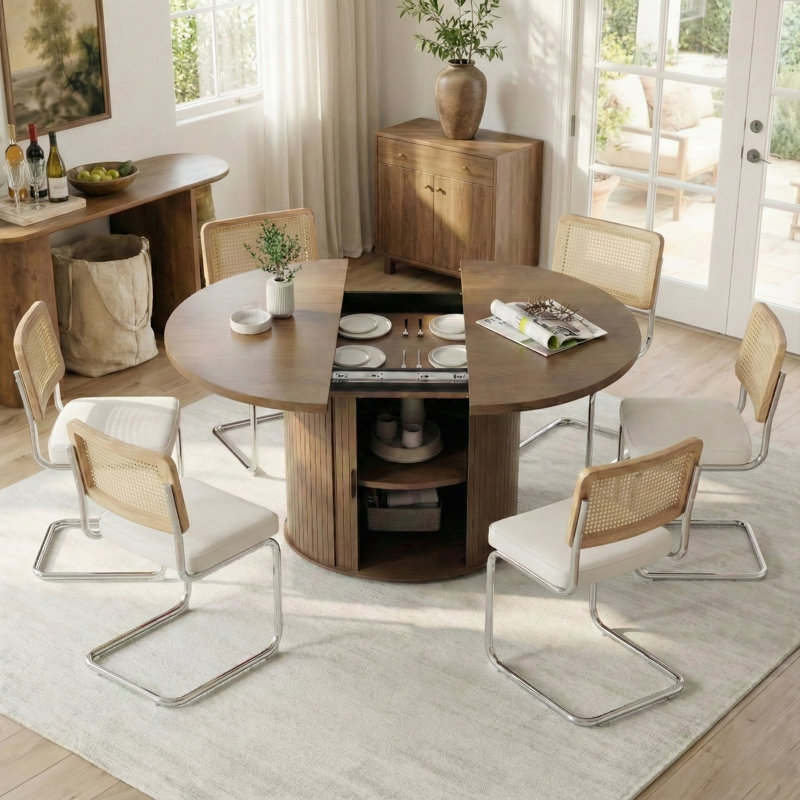 Extendable Round Dining Table Set With 6 Cane Back Cantilever Chairs, White