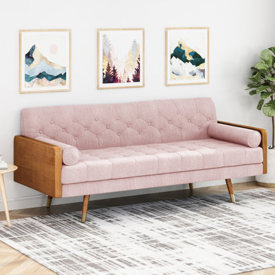 Tissu de style Mid-Century rosé avec détails capitonnés - l 71,24 po x P 30,5 po H 31,62 po. Mohair doux et élégant