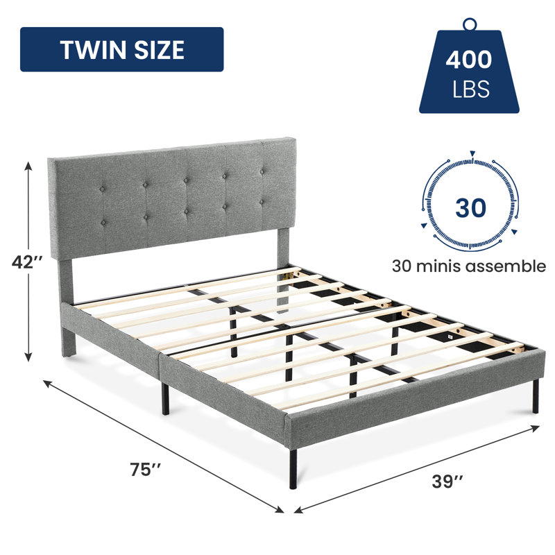 Imajean Frame Bed with Headboard, Twin, Light Gray