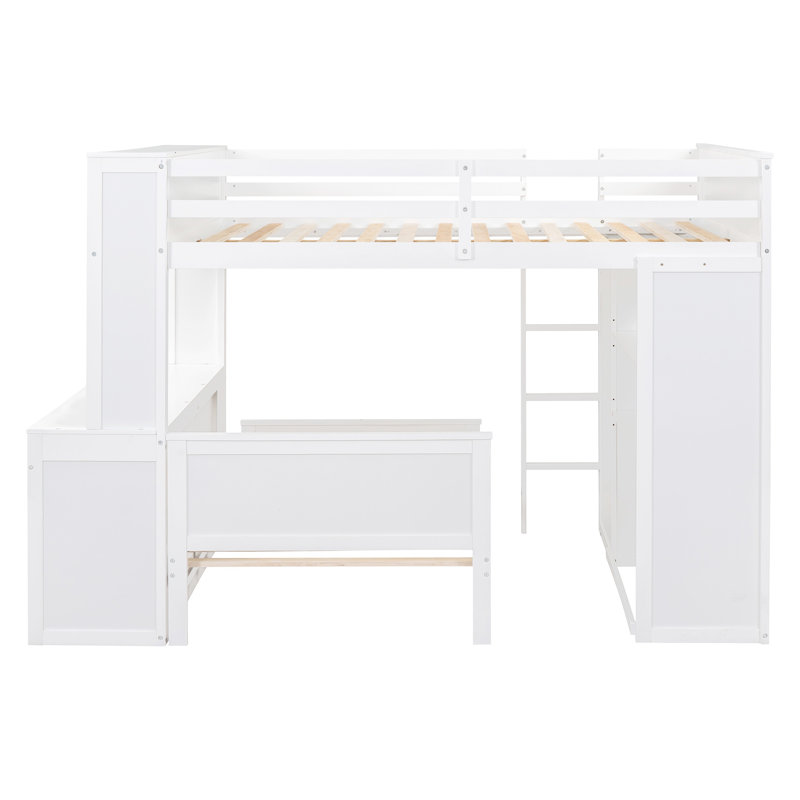 Loft Bed with a Stand-alone bed, Shelves,Desk,and Wardrobe, White, Twin over Full