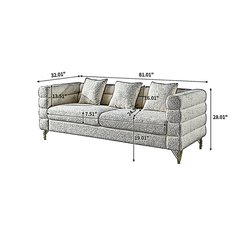 Pevzner Canapé rembourré luxueux et confortable avec pieds et coussins en métal pour le salon et la réception, Ourson blanc