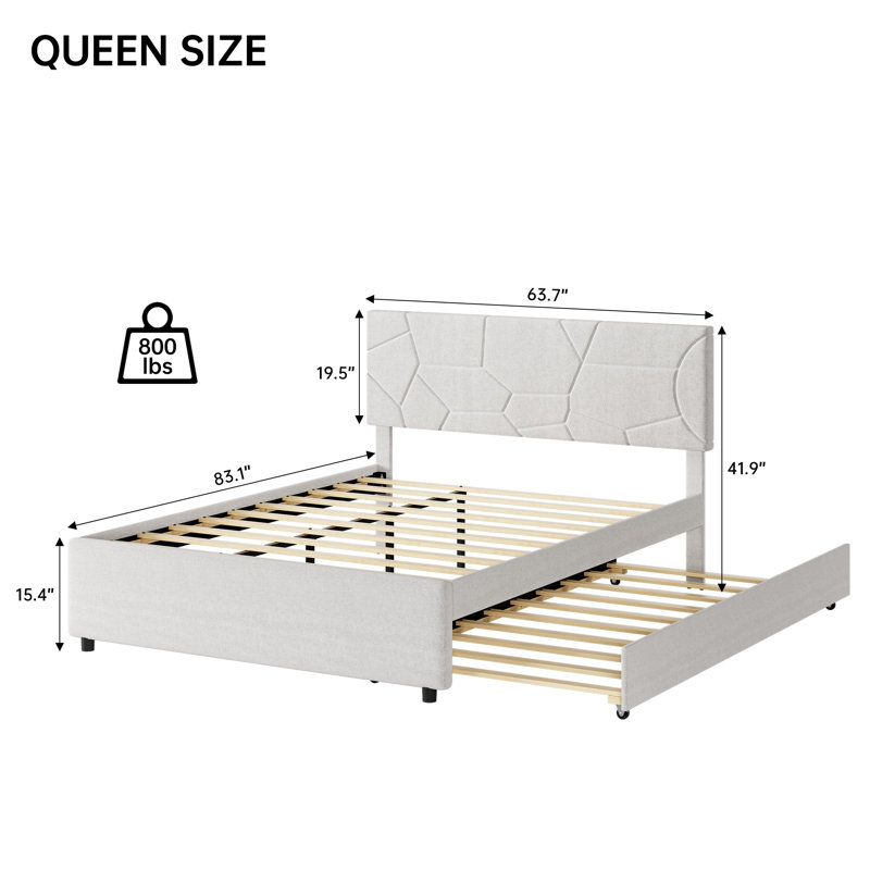 Trundle Bed Frame with Headboard, Upholstered Platform, Wood Slat Support, for Guest Room, Queen