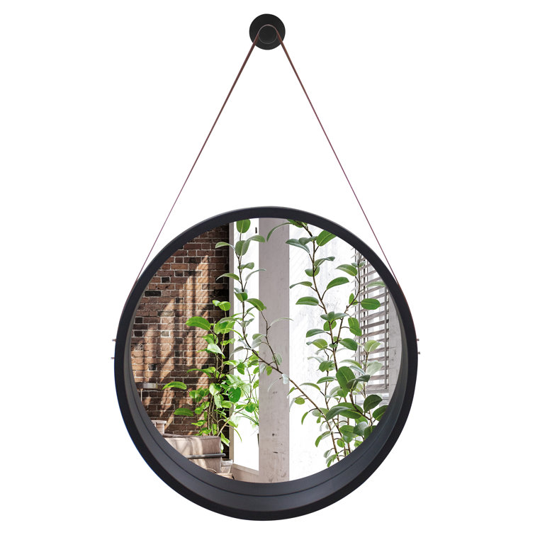 Norvun Black Round Mirror with Strap Circle Mirror for Bathroom, Bedroom, Entryway, Living Room