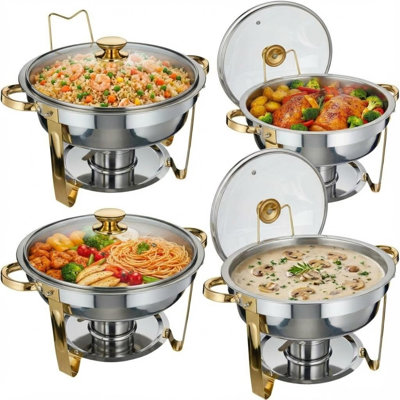 Ensemble de 4 réchauds Gold en acier inoxydable avec couvercles en verre, porte-combustible intégrés et supports à couvercle Gold
