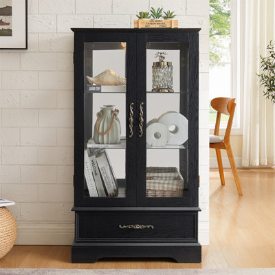 Lighted Glass Curio Cabinet With Adjustable Shelves - Elegant 2-Door Display Cabinet & Built-In Drawer
