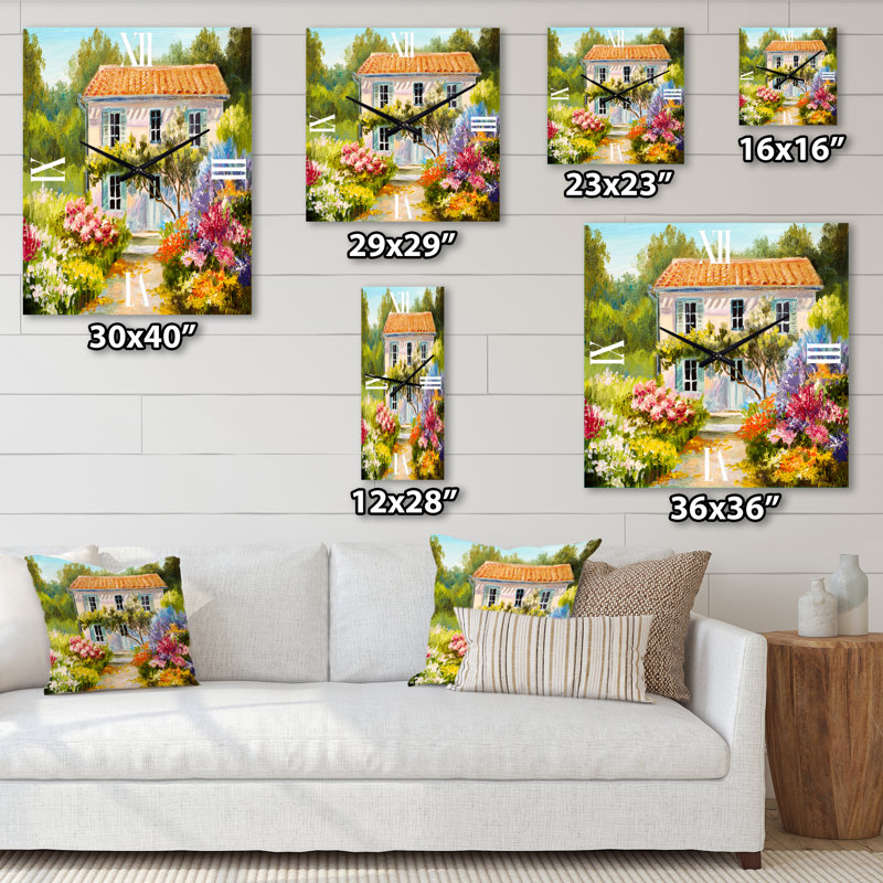 Horloge murale Petite maison sur la montagne avec fleurs II, Grand
