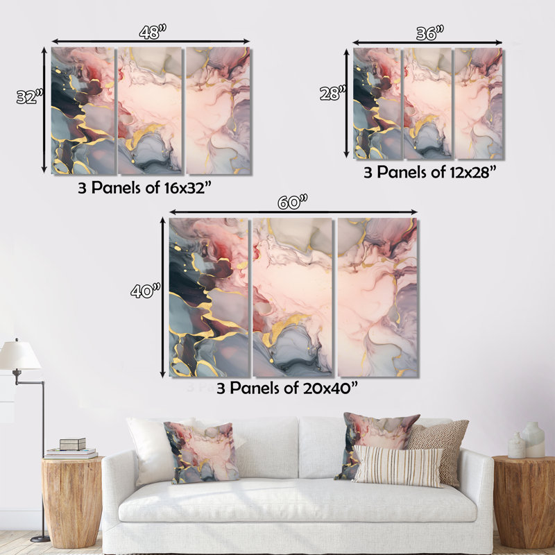 " Grey And Pink Tender Liquid Ink Art II " 3 - Pieces, 40" H x 60" W x 1" D