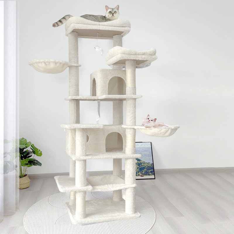 Arbre à chat de 68 po de hauteur à plusieurs niveaux avec hamacs, panier suspendu, grotte pour chat, coussin amovible, poteaux à griffer - tour de chat en peluche pour chats d'intérieur, parfait pour plusieurs chats - beige