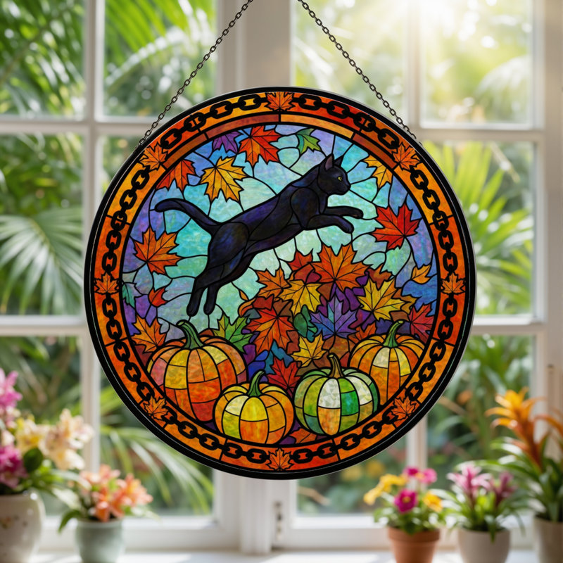 12"H Autumn Cat Stained Glass Window Panel