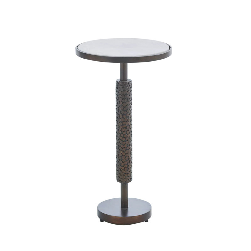 Antique Brass Pebble-Textured Round Martini Table with White Marble Top