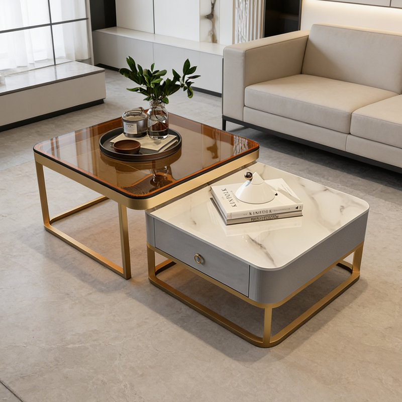 Table basse simple et moderne, H 17 po x L 27,55 po x l 27,55 po, Blanc / gris / transparent, Gold