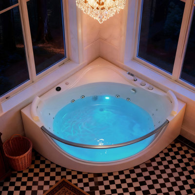 59" White Acrylic 2 Person Corner Whirlpool Bathtub with 16 Water Jets, Heater, Rainbow LED Light and Hand Shower, Jetted Corner Tub