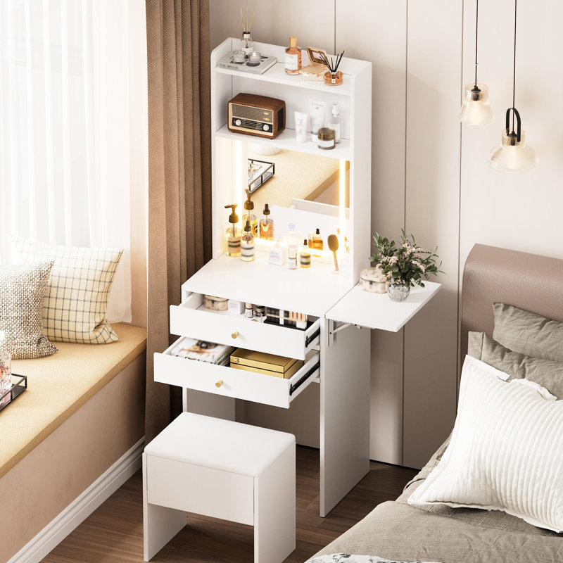 Petit meuble-lavabo de maquillage avec 3 miroirs éclairés réglables et une chaise de rangement - Coiffeuse blanche pour chambre à coucher, convient aux dortoirs d'une chambre à coucher, compact