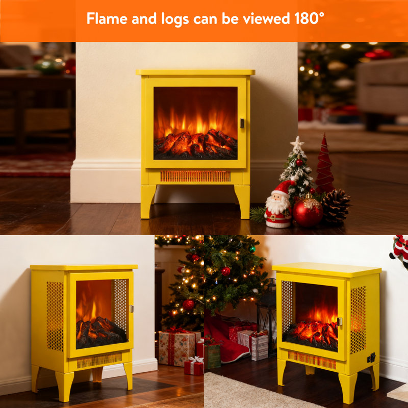 18" Electric Fireplace, Freestanding Fireplace Heater With Realistic Flame & Log, Overheat Protection, 700w/1400w, Yellow