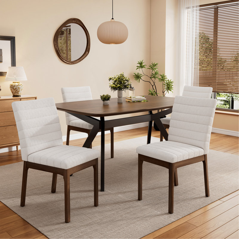 Ensemble de salle à manger rembourré 5 pièces avec structure en bois d'hévéa, beige clair + noyer + noir