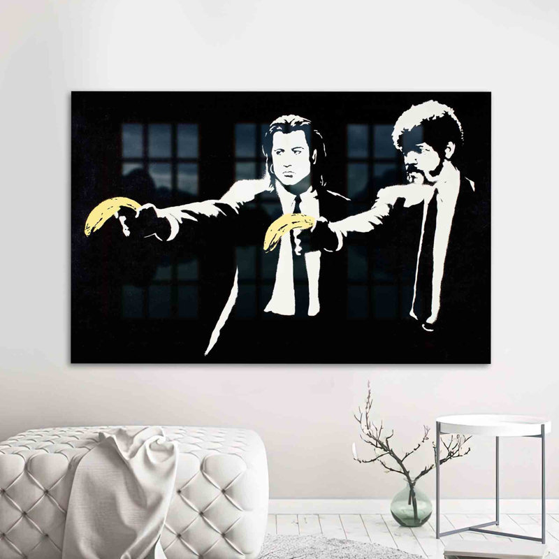 Graffiti Banksy Banana Gun imprimé sur verre, parfait pour la décoration murale, H 31,5 po x l 47,2 po