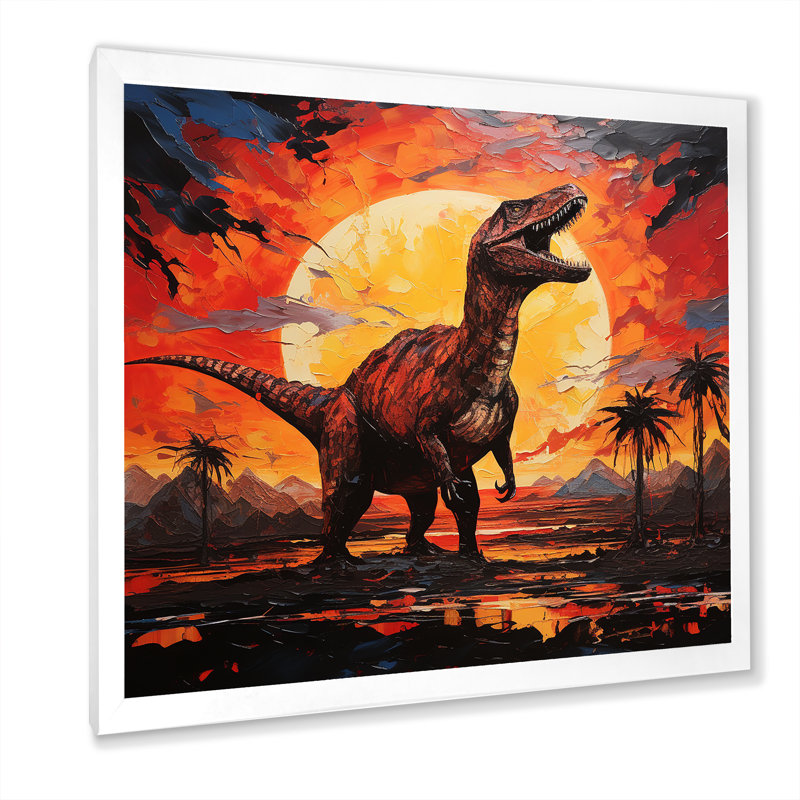 «Red and Yellow Dinosaur Sunset III - Dinosaur», art mural encadré, Cadre simple blanc, H 30 po x l 30 po x P 1,5 po