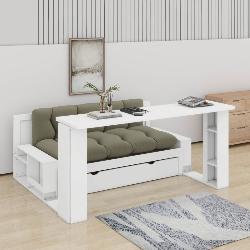 Full Size Daybed With Desk,Drawers And Table, White, Full