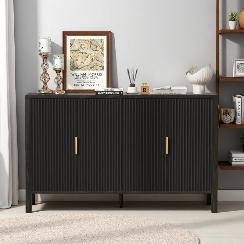 Modern 57.5" Stripe Door Storage Cabinet, 4-Door Sideboard With Back-Of-Door Storage Racks & Side Hooks, Adjustable Shelves