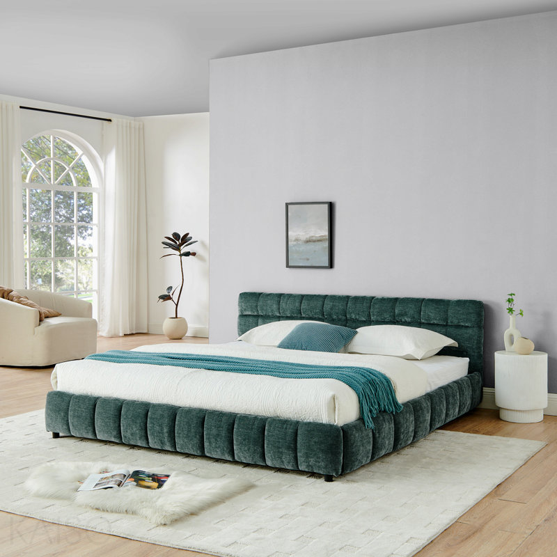 Très grand lit tapissier, cadre de lit rembourré confortable, tissu chenille, avec tête de lit et cadre de lit solide. Avec tiroir pour rangement - Vert (88,5 po x 85,5 po x 31 po)