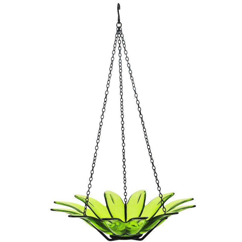 Lime Green Recycled Glass Hanging Bird Bath with Metal Stand