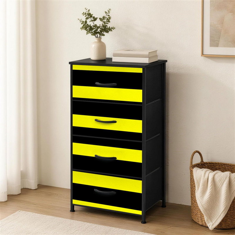 Commode à 4 tiroirs pour la chambre à coucher Design audacieux à rayures noires et jaunes pour un décor moderne